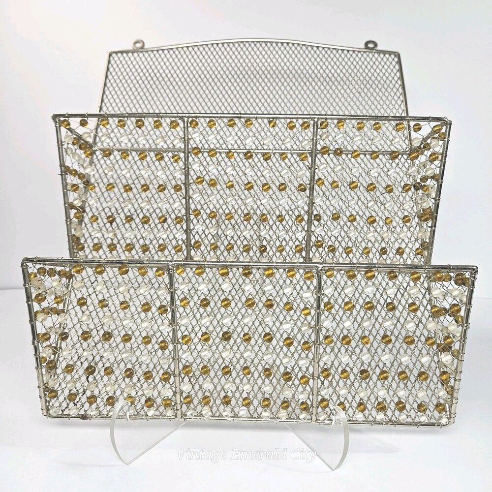 Vtg Wall Organizer Office Letter Bill Work Orders holder Wire Mesh Beaded Retro